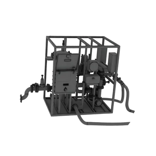 3D model of an industrial skid-mounted pump unit with pipes, valves, and control panel, shown on a white background.