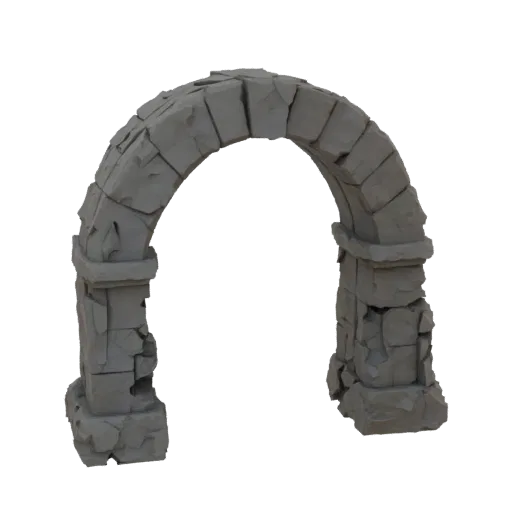 Ruined Stone Archway Printable 3D model, isometric tabletop STL render, showing aged stone, built remnants.
