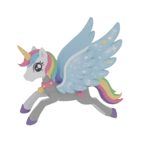 A 3D render of a white unicorn with a rainbow mane and tail, light blue wings with stars, and a pink collar, depicted in a ru