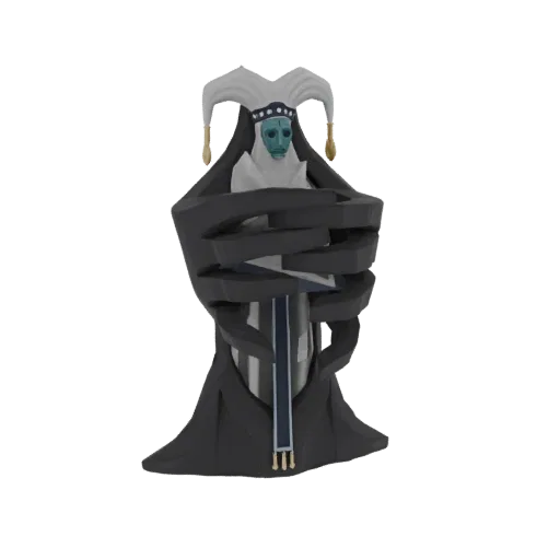 3D model of a mysterious figure wearing a teal mask and a white jester-like headdress, draped in dark robes.