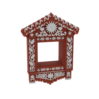 3D model of a red and white ornate Russian window frame with a sun and floral carvings, isolated on a white background.