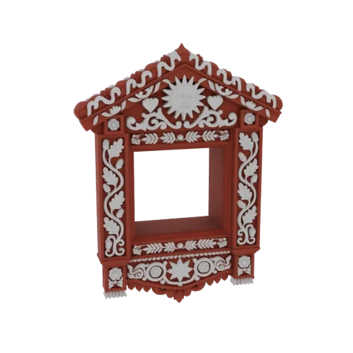 3D model of a red and white ornate Russian window frame with a sun and floral carvings, isolated on a white background.