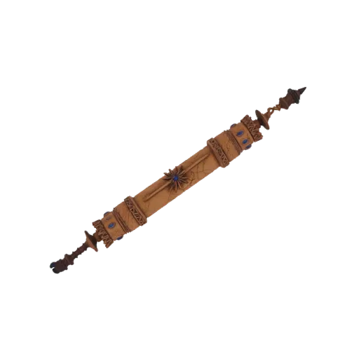Modèle 3D de bâton ancien à parchemin avec un cylindre beige type parchemin, accents de gemmes bleues et pommeaux sculptés or