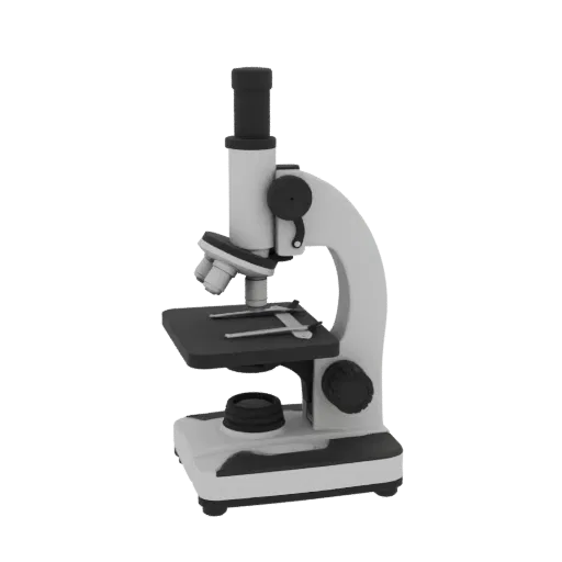 Classroom Microscope 3D model, three-quarter front view, AR viewer studio render, showing glass, recognizable lab forms.