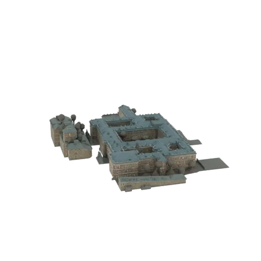 3D model of a large, multi-winged European courtyard building with stone facades, tiled roofs, and small trees in the courtya