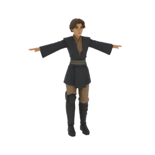 3D-Modell eines jungen Jedi-Ritter-Charakters in T-Pose, gekleidet in traditionelle Jedi-Roben und Stiefel, vor weißem Hinter