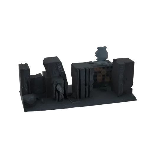 3D model of a desolate, ruined building diorama with broken walls and debris, rendered in a dark, monochromatic style.