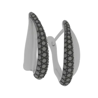 Ein 3D-Rendering eines Paares eleganter Creolen mit poliertem Metallfinish und einem Pavé aus schwarzen Edelsteinen.