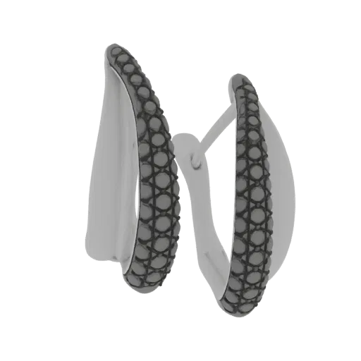 A 3D render of a pair of elegant hoop earrings with a polished metal finish and a pave of black gemstones.