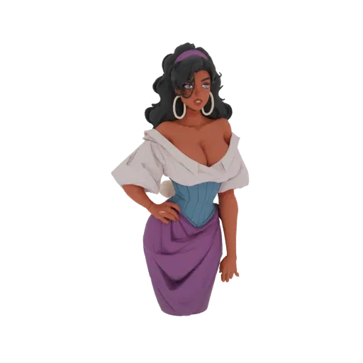 3D model of Esmeralda from Hunchback of Notre Dame, wearing a white blouse, blue corset, and purple skirt, with dark hair and