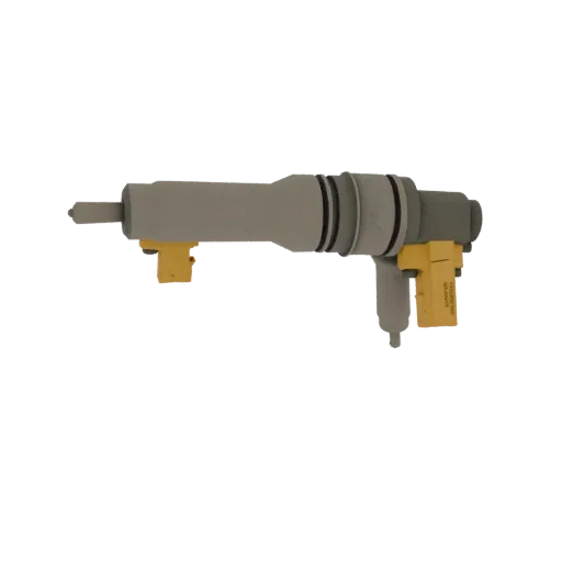 Modello 3D di un martello pneumatico industriale grigio e giallo, visto di lato.
