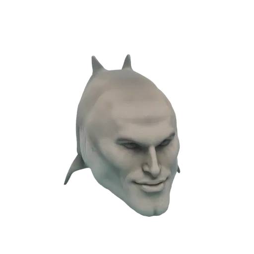 Modèle 3D d'un requin avec le visage du mème 'Chad', rendu dans un matériau gris neutre, sur fond blanc.