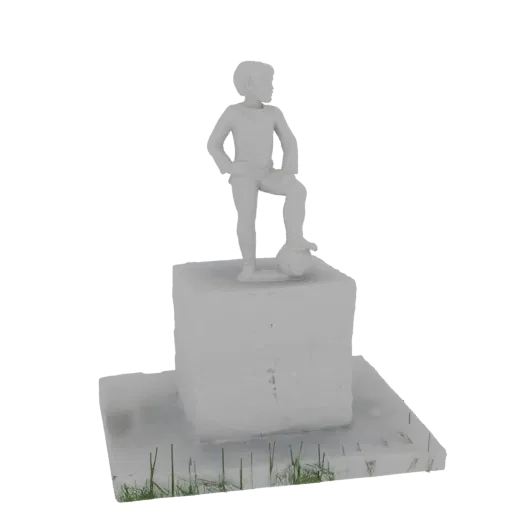3D model render of a young boy statue in a football pose, standing on a pedestal with grass at the base.