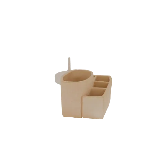 3D model of a beige ceramic desk organizer with a large central cup and three tiered compartments on the right.