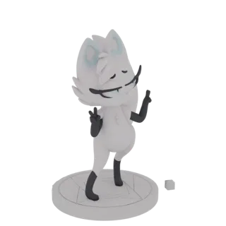 Renderização 3D de um fofo personagem raposa branca com orelhas grandes e pose de sinal de paz, em pé sobre uma base circular