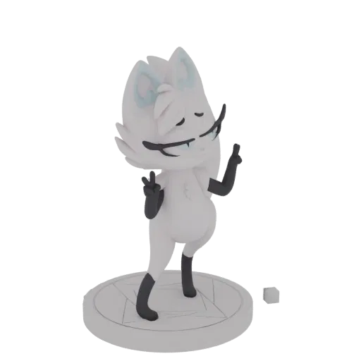 3D render of a cute white fox character with large ears and a peace sign pose, standing on a circular base.