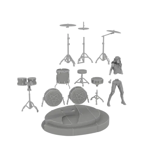 3D model of a gothic drummer girl with a full drum kit, including drums, cymbals, and a platform base.