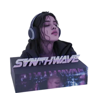 3D model of a synthwave girl with eyes closed, wearing headphones, with 'SYNTHWAVE' text on a futuristic base.