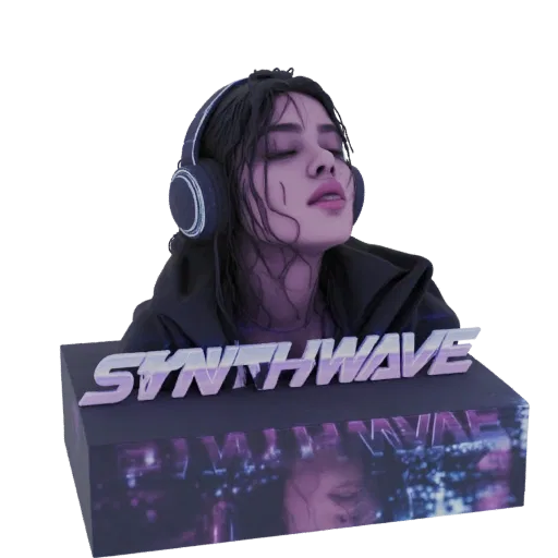 3D model of a synthwave girl with eyes closed, wearing headphones, with 'SYNTHWAVE' text on a futuristic base.