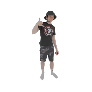 3D model of a young man wearing a black bucket hat and a graphic t-shirt, doing the 'shaka' hand sign.
