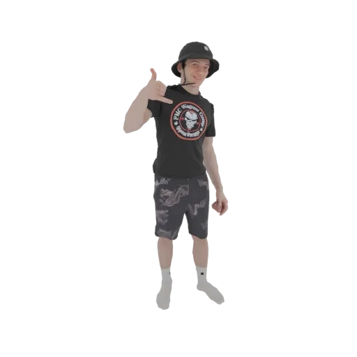 3D model of a young man wearing a black bucket hat and a graphic t-shirt, doing the 'shaka' hand sign.