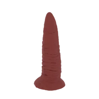 A 3D render of a textured red dildo, standing upright against a white background.