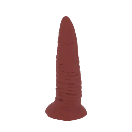 A 3D render of a textured red dildo, standing upright against a white background.