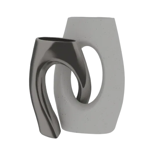 A 3D render of an abstract sculptural vase with a sleek, metallic finish, showcasing its fluid and intertwined form against a