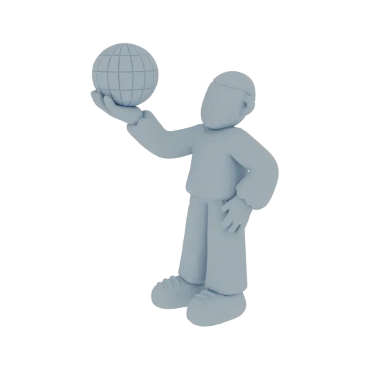 A stylized, light blue 3D character model holding a wireframe globe on its open palm, against a white background.