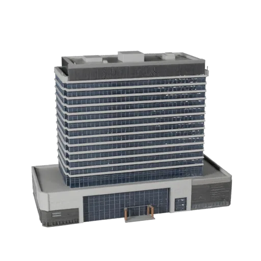 Office Building Unity-ready 3D model, Unity engine viewport, showing commercial office building materials and architectural d