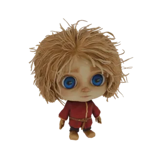 Modelo 3D de uma boneca infantil fantástica com cabelo loiro selvagem, grandes olhos azuis e túnica vermelha, em pé contra um