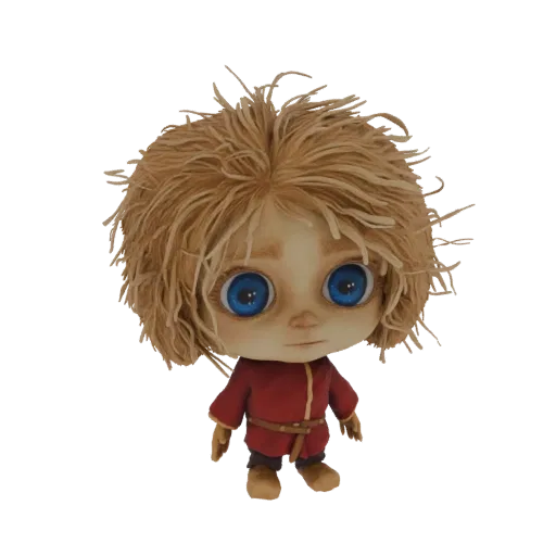 Modelo 3D de una muñeca infantil fantástica con pelo rubio salvaje, ojos azules grandes y túnica roja, de pie sobre un fondo