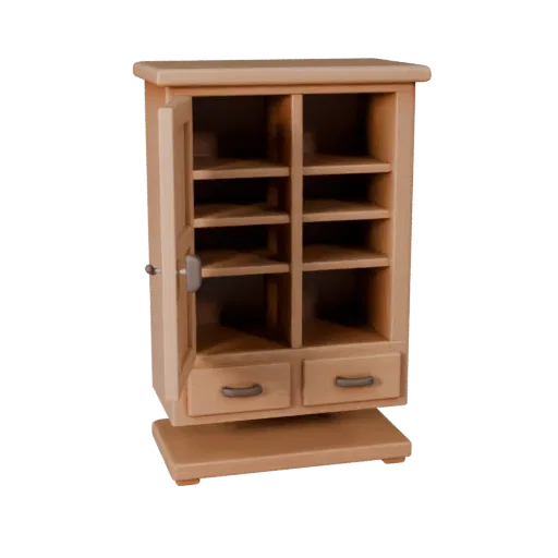 Floating Cabinet Stylized 3D model, dining room, stylized isometric render, painted wood detail.