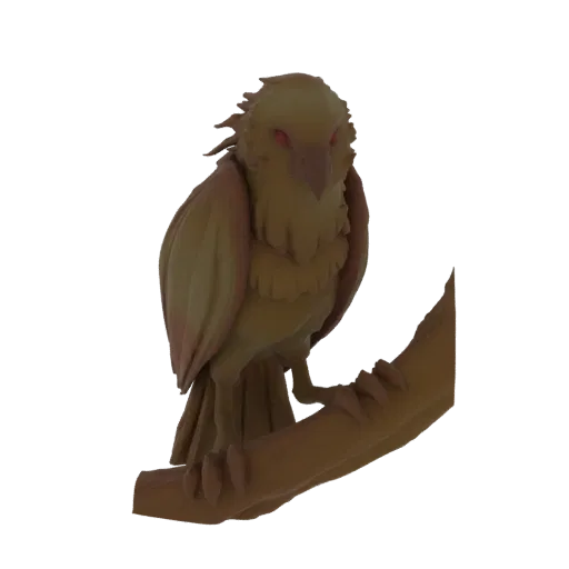 3D model of a majestic phoenix with glowing red eyes, perched on a textured brown branch, rendered in warm golden-brown tones