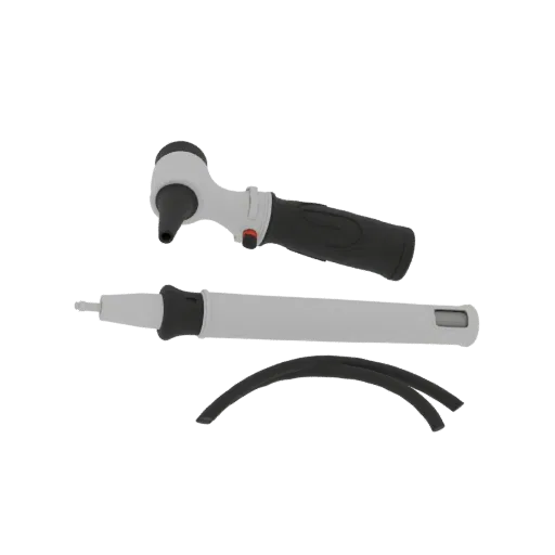 Emergency Otoscope Realistic 3D model, three-quarter studio render, showing stainless steel, handheld tool scale.