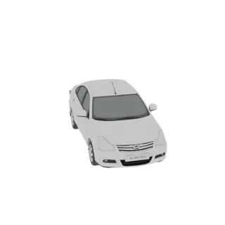 Uma renderização 3D de um Nissan Almera sedan branco, vista de um ângulo frontal direito ligeiramente elevado contra um fundo