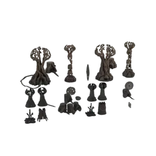 A collection of dark, gnarled 3D models of trees, stumps, and forest debris on a white background.