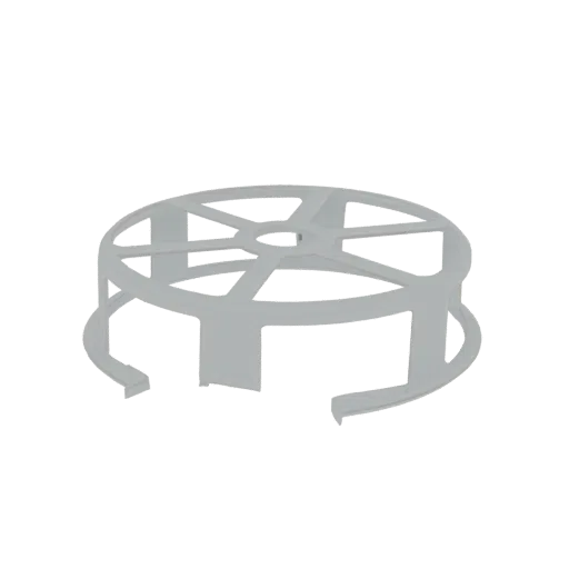 3D model of a white circular spacer with radial supports and a cut-out base, presented against a black background.