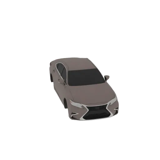 A 3D model of a modern taupe sedan, viewed from a slightly elevated front-right angle, against a white background.