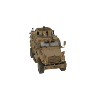 3D model of a tan International MaxxPro MRAP armored vehicle with a turret, shown from a front-three-quarter view against a w