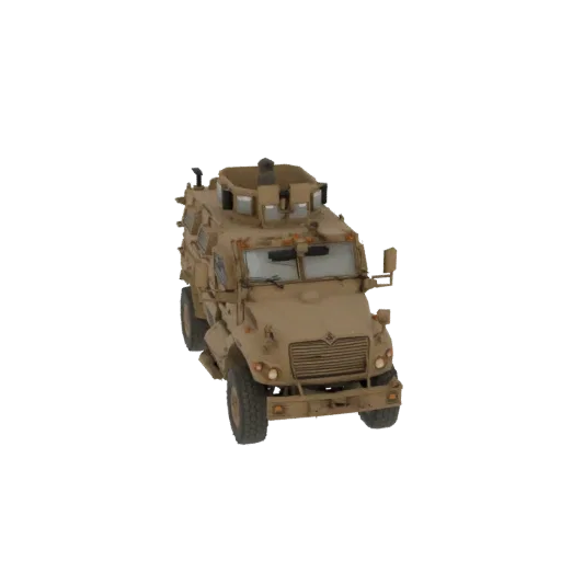 3D model of a tan International MaxxPro MRAP armored vehicle with a turret, shown from a front-three-quarter view against a w