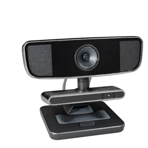 Ergonomic Webcam Realistic 3D model, three-quarter studio render, showing plastic shells, desktop scale.