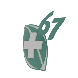 Rendu 3D d'une croix médicale verte à l'intérieur d'un emblème de feuille, avec le numéro 67 sur le côté.