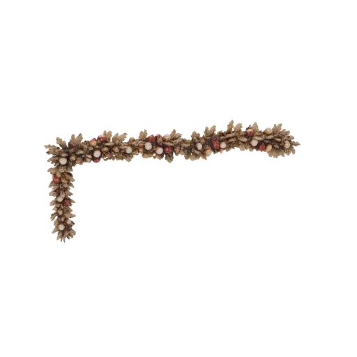 3D model of an L-shaped Christmas garland with brown foliage, red berries, and white orbs, set against a black background.