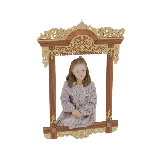 3D model of an ornate wooden window frame with a young girl looking out, rendered against a black background.
