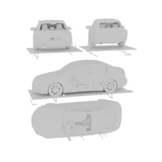 Modello 3D di una berlina bianca mostrata da viste frontale, posteriore, laterale e dall'alto su piattaforme bianche.