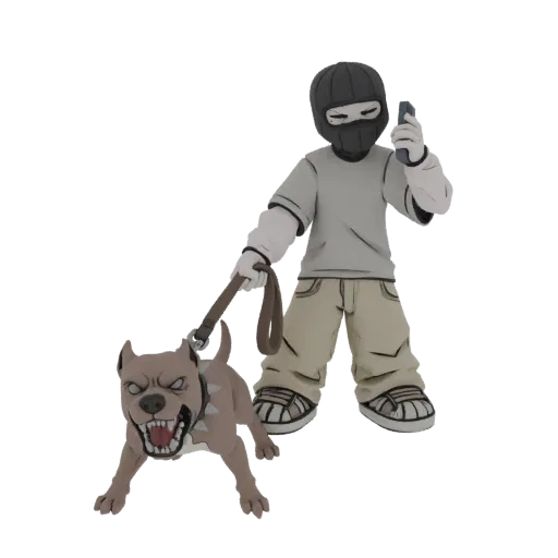 3D model of a masked person holding a phone while walking an aggressive pitbull on a leash, rendered in a stylized, clay-like