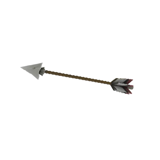 3D-Modell eines Stammespfeils mit Steinspitze und rot-weißer Befiederung, isoliert auf weißem Hintergrund.