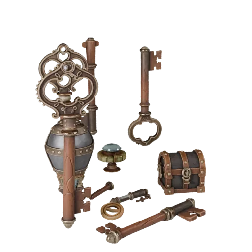 Royal Loot Key High Poly 3D model, close-up studio render, showing aged wood, clear pickup silhouette.