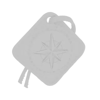 3D render of a light gray, square pendant with a detailed compass rose design and a loop for a ribbon.